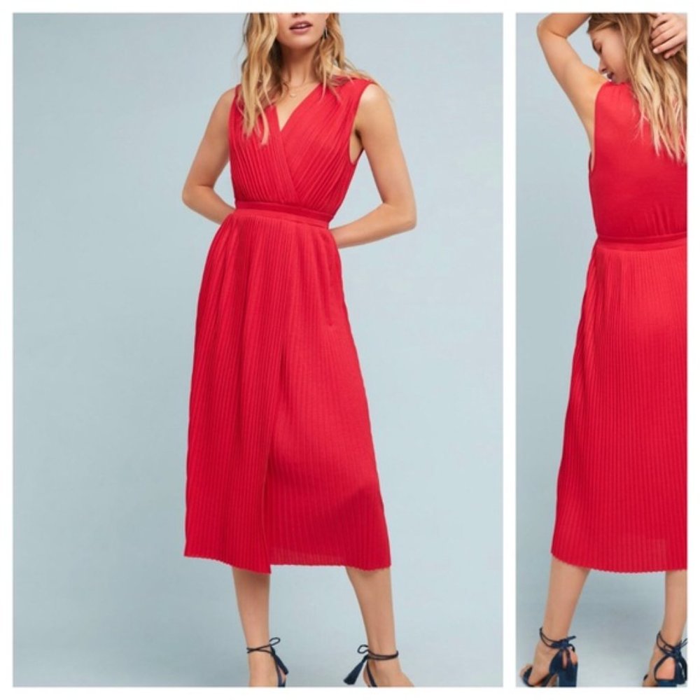 ANTHROPOLOGIE Tracy Reese Pleated Midi Dress, Small, Red